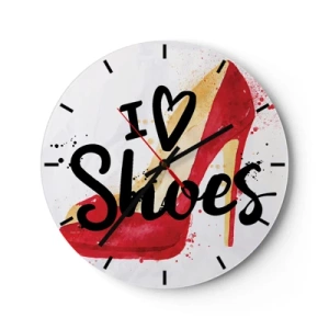 Wandklok - Klok - Een rode hoge hak met de tekst "I love shoes" erop. - 30x30cm - Liefde heeft vele namen - Moderne wanddecoratie voor woonkamer, keuken en slaapkamer ARTTOR