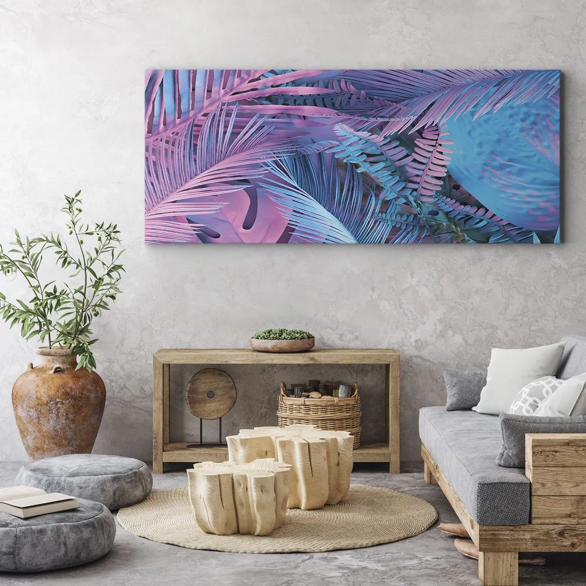Schilderen op canvas - Tropen in roze en blauw - 140x50 cm