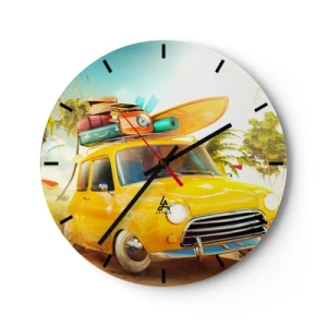 Wandklok - Klok - Een gele auto met bagage en een surfplank - 30x30cm - Een reis voor meer dan één glimlach - Moderne wanddecoratie voor woonkamer, keuken en slaapkamer ARTTOR
