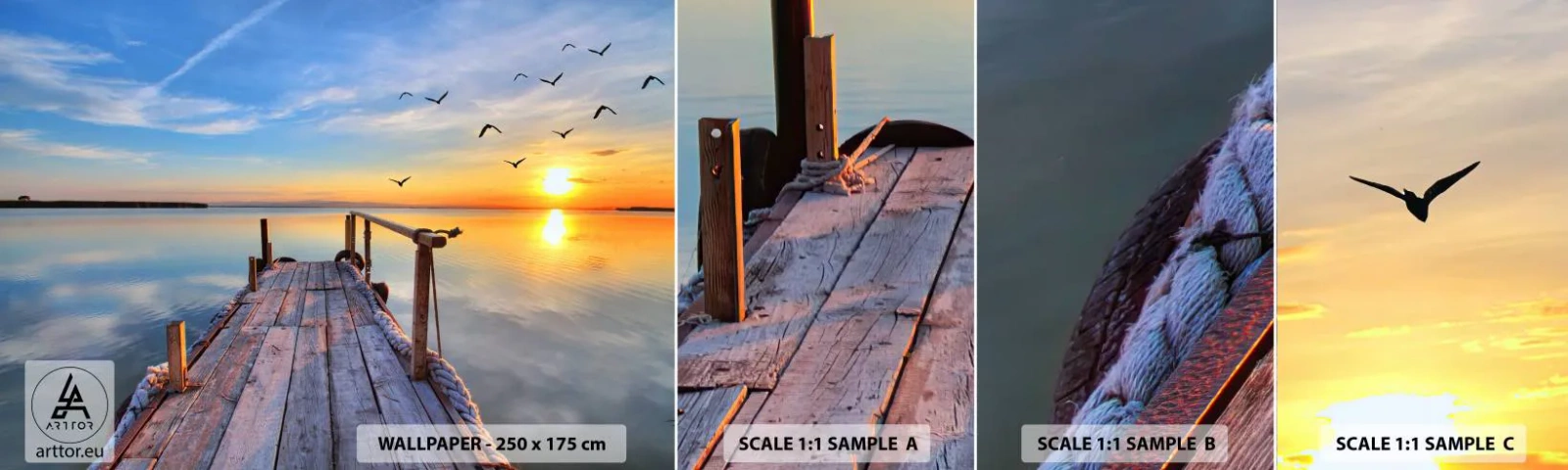 Fotobehang Staaltje Standard Eco - Loop recht naar de zon - Landschap, Meer, Houten brug - 100x30 cm