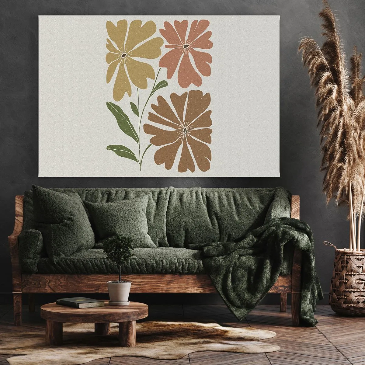 Schilderen op canvas - Drie bloemen in warme kleuren op een lichte achtergrond - 70x50cm - Natuur en geometrie - Moderne wanddecoratie voor woonkamer en slaapkamer ARTTOR