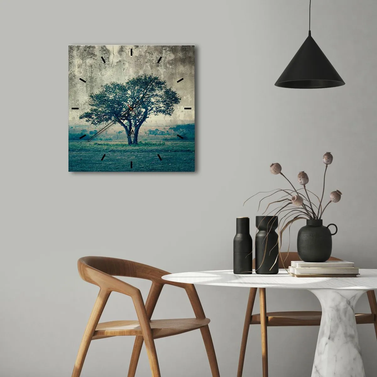 Wandklok - Klok - Een appelboom op een blauw veld? - 30x30 cm