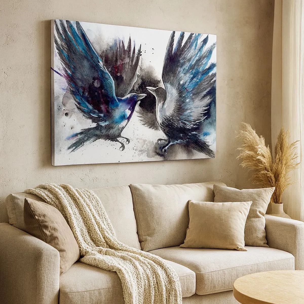 Schilderen op canvas - Artistieke raven in een dynamische aquarelcompositie - 70x50cm - De ene kraai pikt de andere de ogen niet uit - Moderne wanddecoratie voor woonkamer en slaapkamer ARTTOR