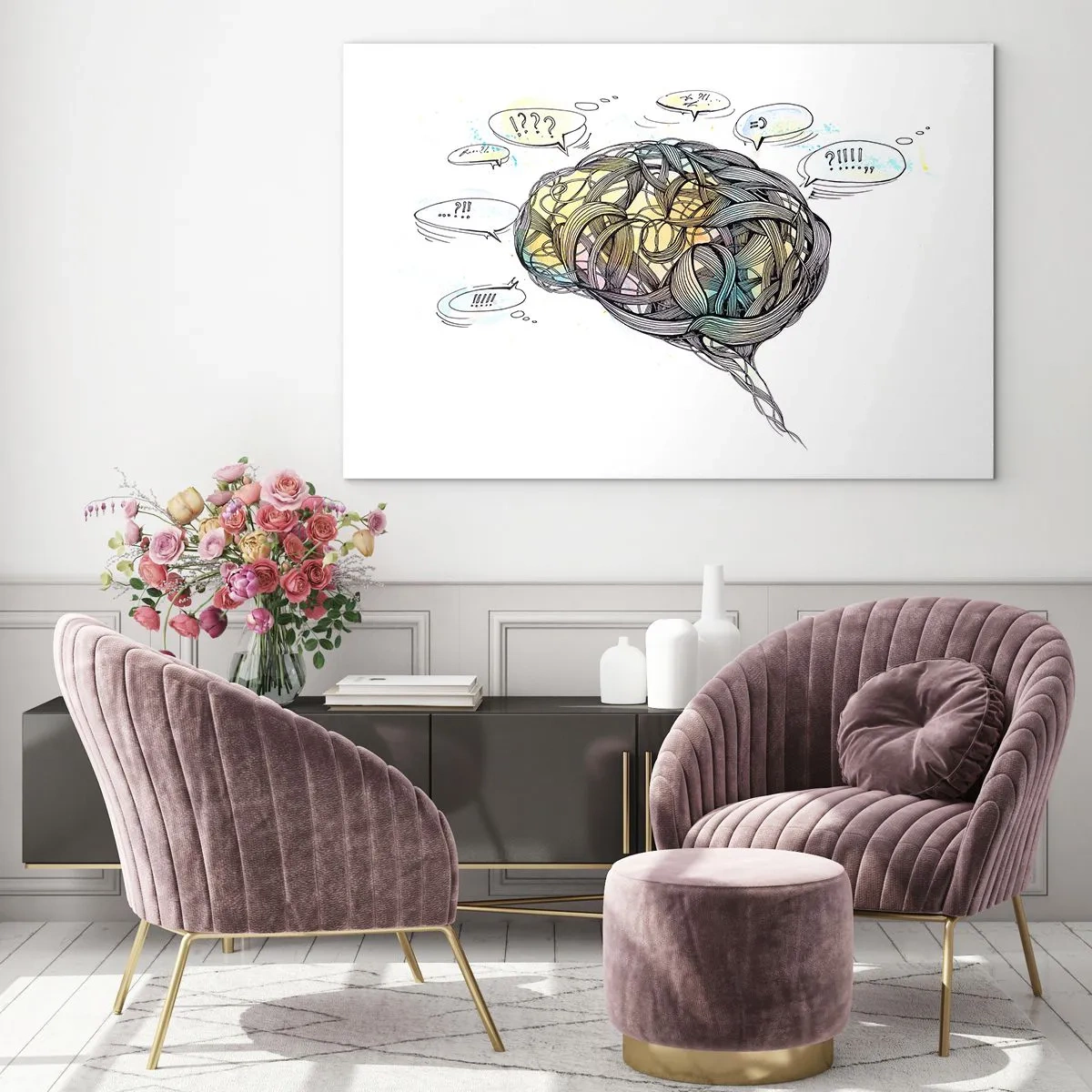 Schilderen op glas - Artistieke illustratie van een brein met kleurrijke accenten - 70x50cm - Mens - een groot mysterie - Moderne wanddecoratie voor woonkamer en slaapkamer ARTTOR
