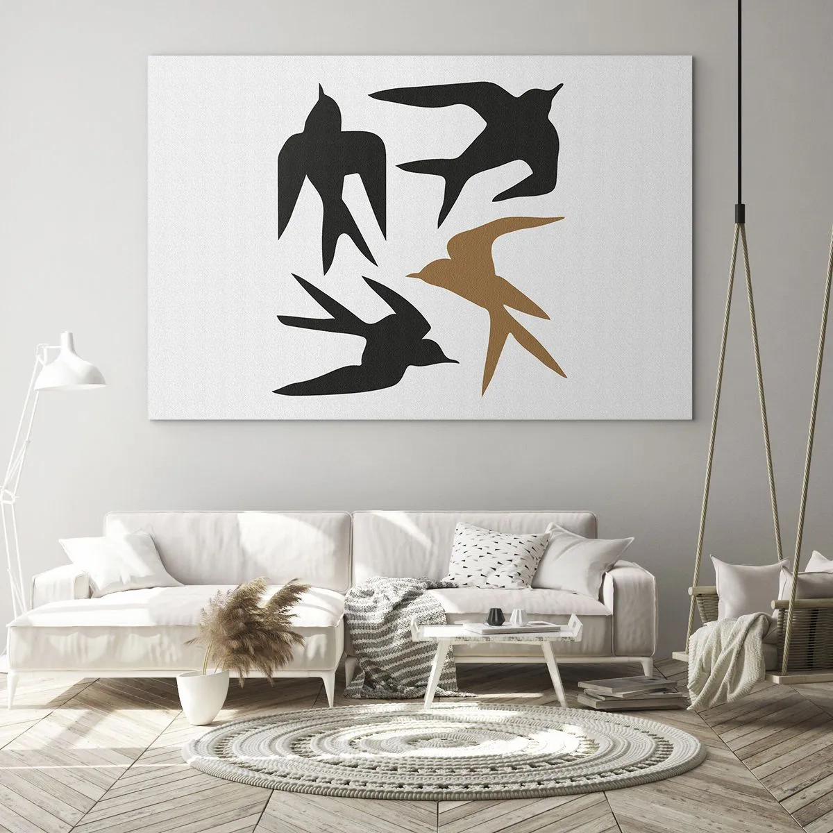Schilderen op glas - Vier vliegende zwaluwen in minimalistische stijl - 70x50cm - Zwaluwen spel - Moderne wanddecoratie voor woonkamer en slaapkamer ARTTOR