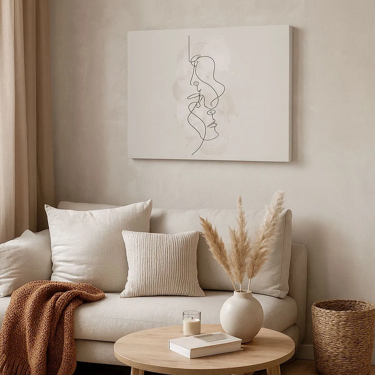 Schilderen op canvas - Abstracte omtrek van twee gezichten op een lichte achtergrond - 70x50cm - Verstrikt in een omhelzing - Moderne wanddecoratie voor woonkamer en slaapkamer ARTTOR