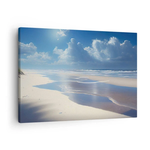 Schilderen op canvas - Een zandstrand met golven onder een blauwe lucht - 70x50cm - Paradijselijke vakantie - Moderne wanddecoratie voor woonkamer en slaapkamer ARTTOR