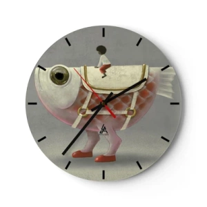 Wandklok - Klok - Een figuur op een grote vis met een zadel en laarzen op een grijze achtergrond - 30x30cm - Ruiter op een surrealistische vis - Moderne wanddecoratie voor woonkamer, keuken en slaapkamer ARTTOR