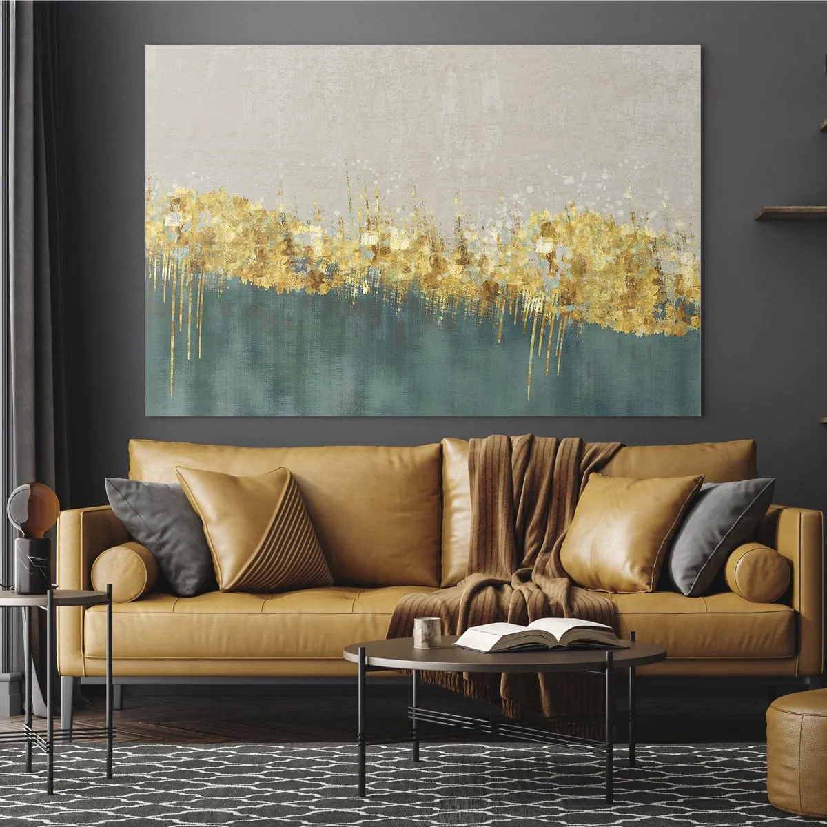 Schilderen op glas - Gouden accenten creëren een grens tussen beige en flessengroen - 70x50cm - De gouden rand - Moderne wanddecoratie voor woonkamer en slaapkamer ARTTOR