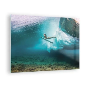 Schilderen op glas - Surfer onder water tussen de golven met een surfplank - 70x50cm - Onderwaterwereld - Moderne wanddecoratie voor woonkamer en slaapkamer ARTTOR