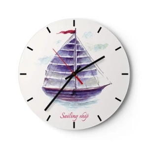 Wandklok - Klok - Een paarse zeilboot met een rode mast op een kalme zee - 30x30cm - Volle zeilen en rustig water - Moderne wanddecoratie voor woonkamer, keuken en slaapkamer ARTTOR