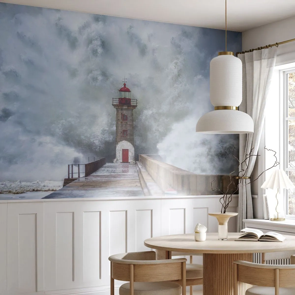 Fotobehang Premium Sand - Het gebrul van het water, het geluid zal blazen - Vuurtoren, Landschap, Oceaan - 100x70 cm