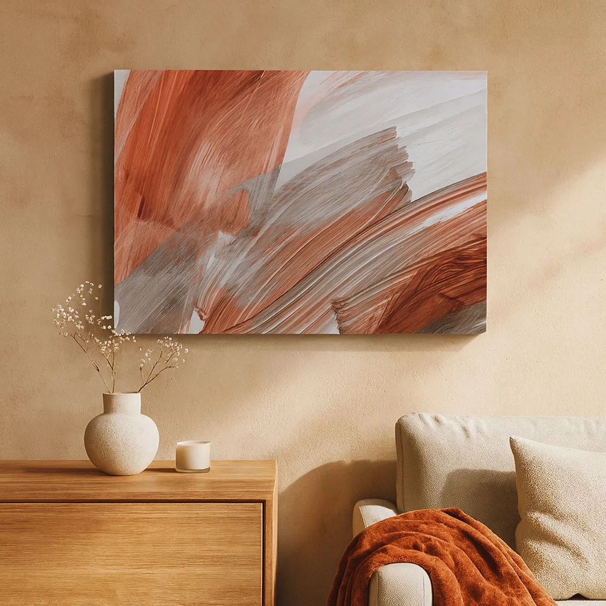 Schilderen op canvas - Abstracte penseelstreken in tinten koper en grijs - 70x50cm - Herfst en winderige abstractie - Moderne wanddecoratie voor woonkamer en slaapkamer ARTTOR