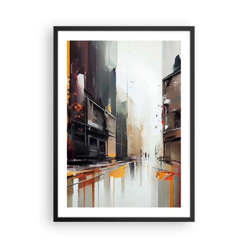 Poster in een zwarte lijst - Abstract stadsgezicht in tinten grijs en oranje - 50x70cm - Regenachtige dag - Moderne wanddecoratie voor woonkamer en slaapkamer ARTTOR