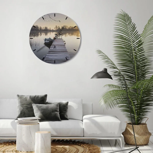 Wandklok - Klok - Een pier met een boot bij zonsopgang op het meer - 30x30cm - Ik ben zo terug - Moderne wanddecoratie voor woonkamer, keuken en slaapkamer ARTTOR