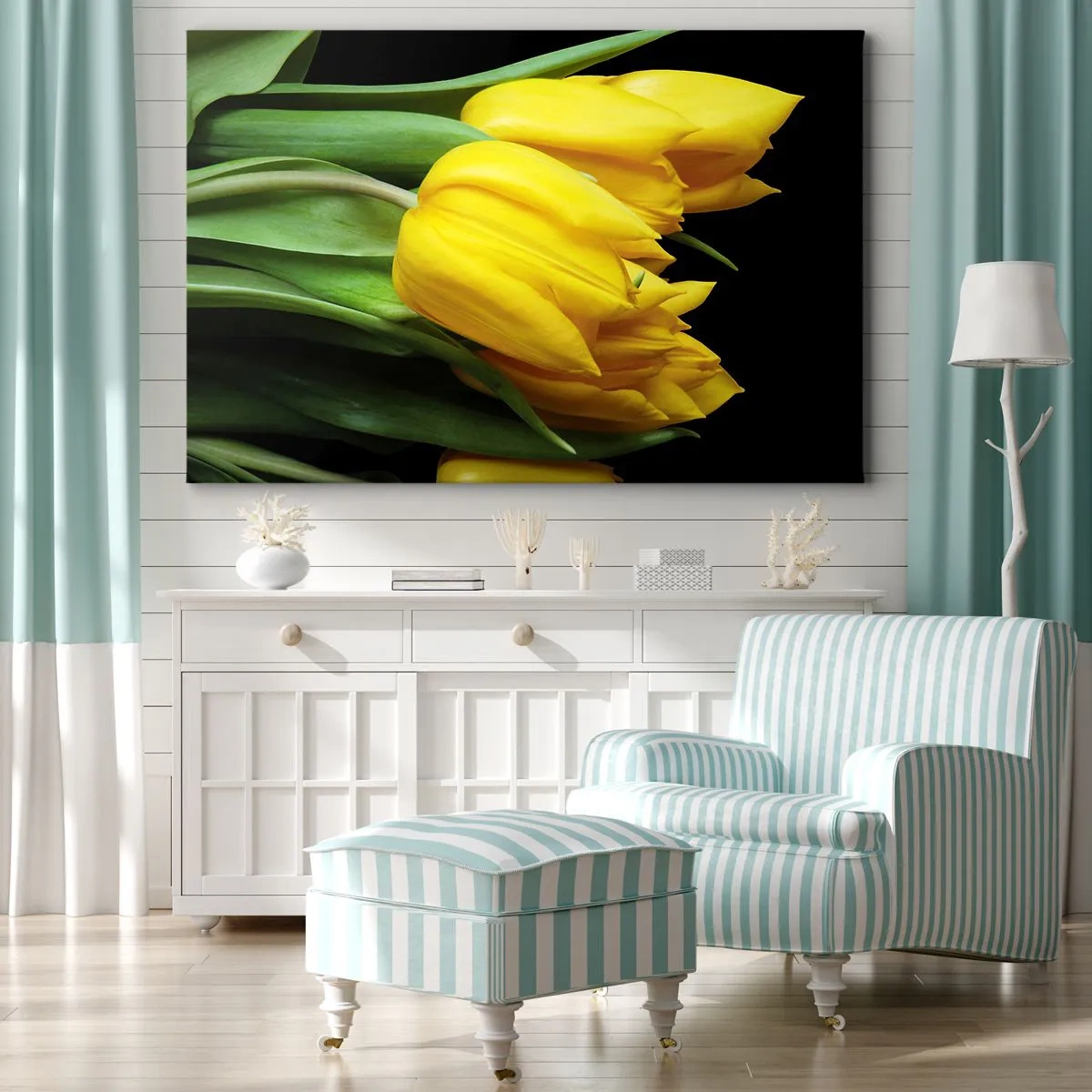 Schilderen op canvas - Een boeket gele tulpen op een zwarte achtergrond - 70x50cm - Gemaakt van heldere zon - Moderne wanddecoratie voor woonkamer en slaapkamer ARTTOR