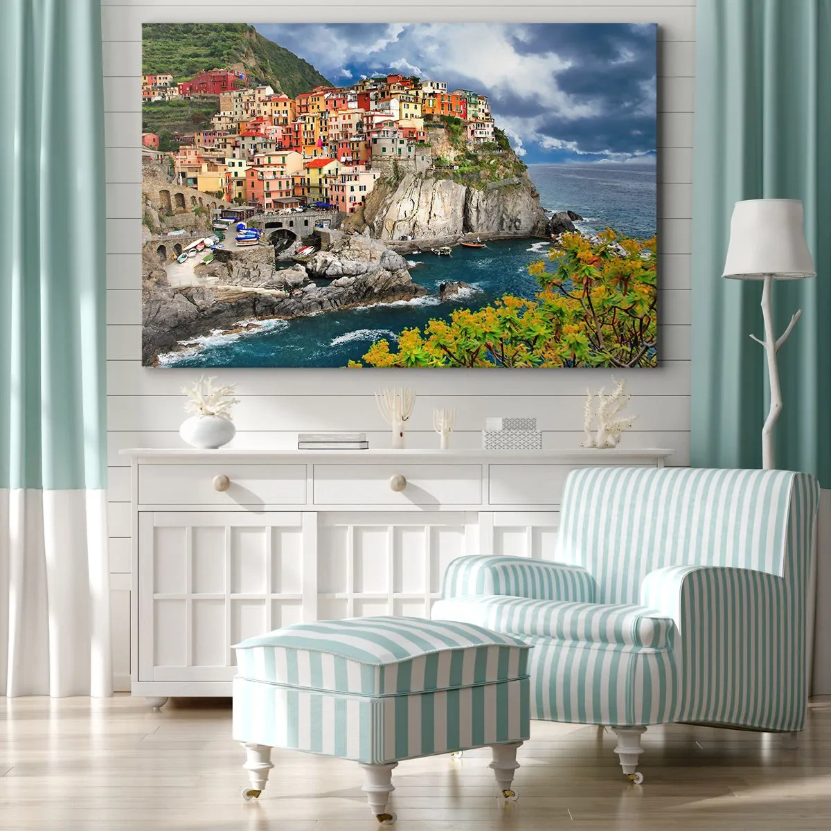 Schilderen op canvas - Kleurrijke huizen op een klif met uitzicht op de zee in Cinque Terre - 70x50cm - Een groepje geklampt an de rots - Moderne wanddecoratie voor woonkamer en slaapkamer ARTTOR