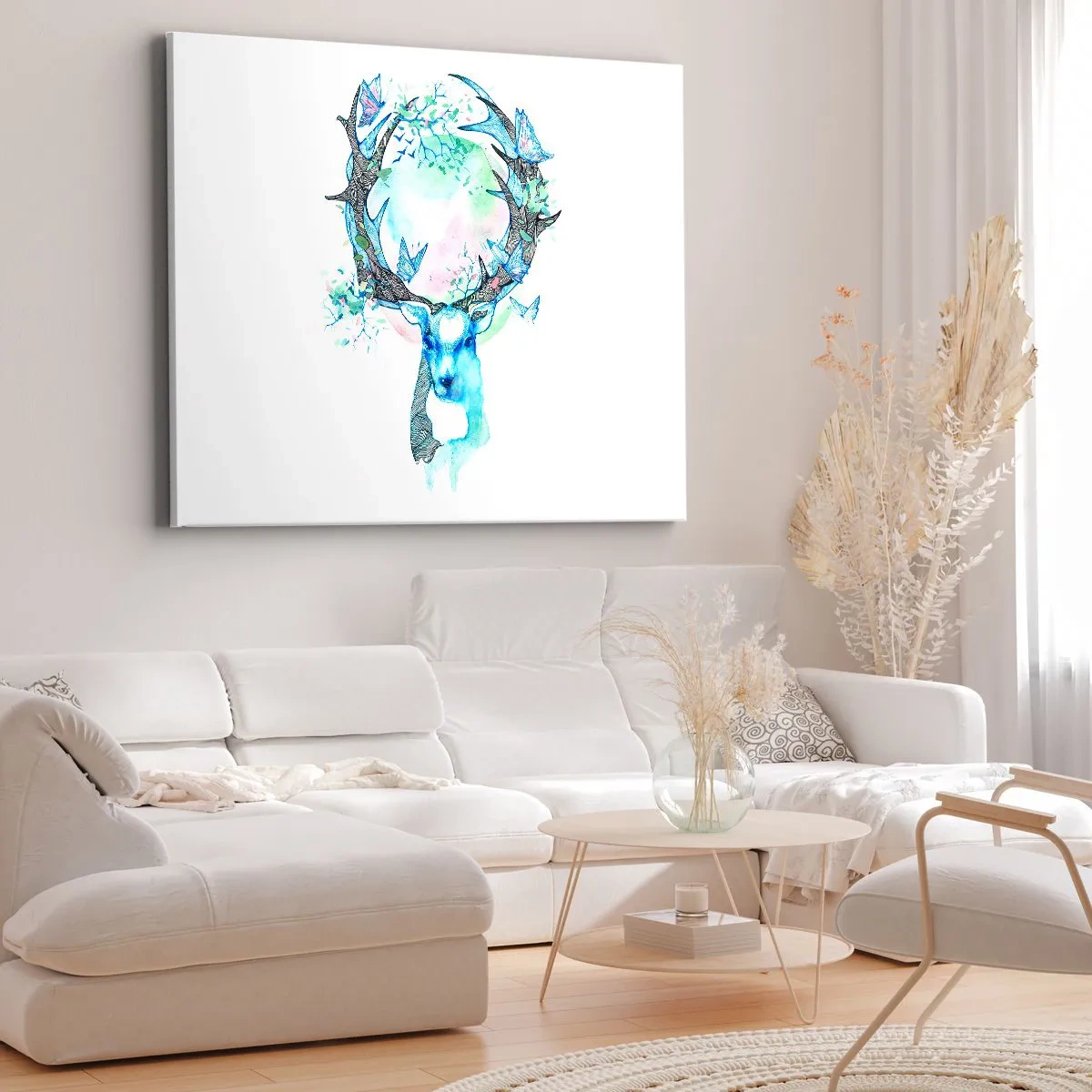 Schilderen op canvas - Een speelse afbeelding van een hert met een natuur- en vlindermotief - 70x50cm - De kracht en delicatesse van de natuur - Moderne wanddecoratie voor woonkamer en slaapkamer ARTTOR