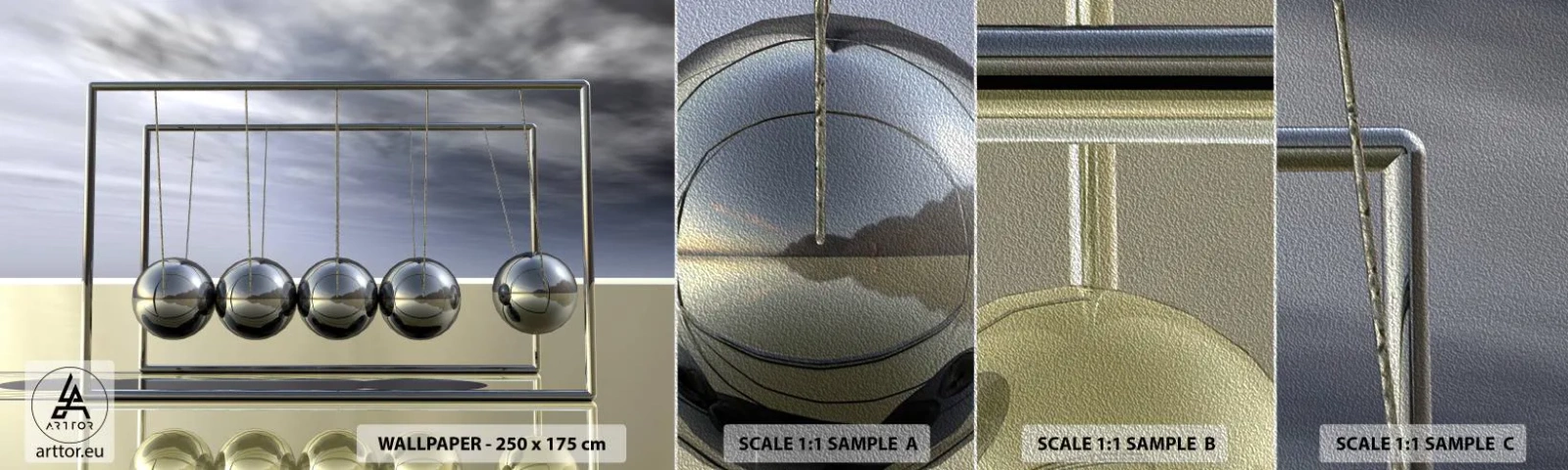 Fotobehang Monster Premium Sand - De energie van de wereld - De slinger van Newton, Natuurkunde, Abstractie - 100x30 cm