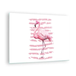 Schilderen op glas - Een roze flamingo tegen een achtergrond van artistieke roze strepen. - 70x50cm - Met waardigheid, hoewel in het roze - Moderne wanddecoratie voor woonkamer en slaapkamer ARTTOR