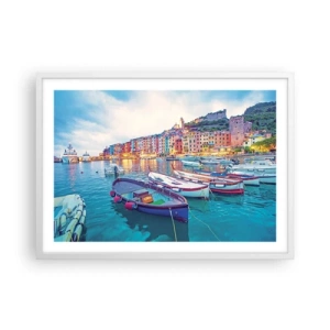 Poster in een witte lijst - Kleurrijke avond in de haven - 70x50 cm