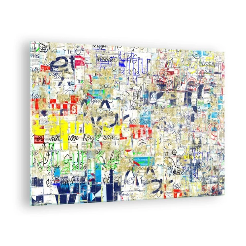 Schilderen op glas - Een abstracte compositie met een mix van kleuren en opschriften. - 70x50cm - Het is gewoon een lust voor het oog - Moderne wanddecoratie voor woonkamer en slaapkamer ARTTOR