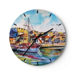 Wandklok - Klok - Een kleurrijke jachthaven met zeilboten en gebouwen in mediterrane stijl - 30x30cm - Regenboogmiddag - Moderne wanddecoratie voor woonkamer, keuken en slaapkamer ARTTOR
