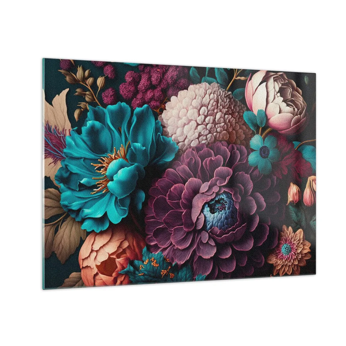 Schilderen op glas - Een rijke compositie van bloemen in intense kleuren - 70x50cm - Natuur in overvloed - Moderne wanddecoratie voor woonkamer en slaapkamer ARTTOR