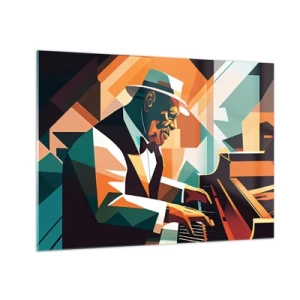 Schilderen op glas - Een kleurrijk portret van een jazzpianist - 70x50cm - Al die jazz - Moderne wanddecoratie voor woonkamer en slaapkamer ARTTOR