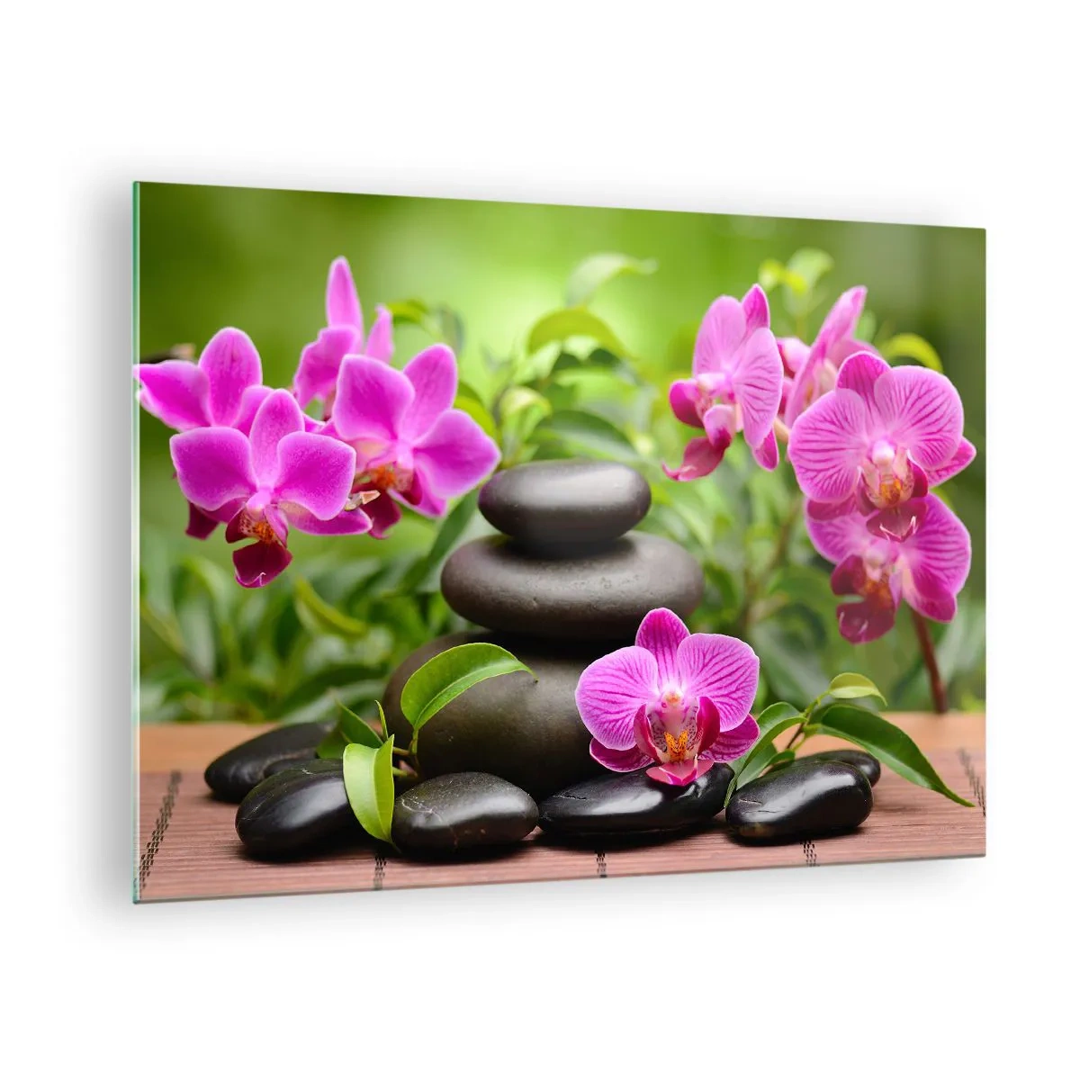 Schilderen op glas - Roze orchideeën en zwarte stenen in een rustige omgeving - 70x50cm - De piramide van vrede - Moderne wanddecoratie voor woonkamer en slaapkamer ARTTOR