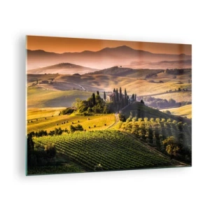 Schilderen op glas - Toscaans landschap bij zonsopgang - 70x50cm - Arcadia - het Toscaanse landschap - Moderne wanddecoratie voor woonkamer en slaapkamer ARTTOR