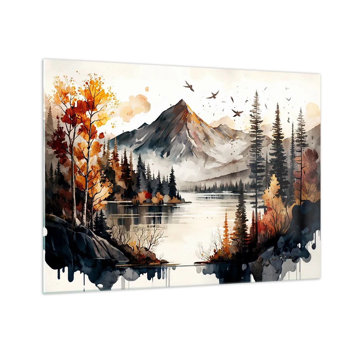 Schilderen op glas - Herfstberglandschap met een meer en bos - 70x50cm - Gouden herfst in de bergen - Moderne wanddecoratie voor woonkamer en slaapkamer ARTTOR