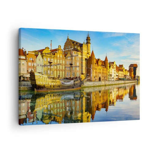 Schilderen op canvas - Een schilderachtig uitzicht op de oude stad met een zeilschip en water - 70x50cm - Een spiegelbeeld van het verleden - Moderne wanddecoratie voor woonkamer en slaapkamer ARTTOR