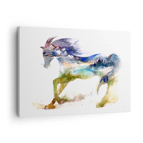 Schilderen op canvas - Aquarel van een paard met een berglandschap in silhouet - 70x50cm - Van de weide recht naar de hemel - Moderne wanddecoratie voor woonkamer en slaapkamer ARTTOR