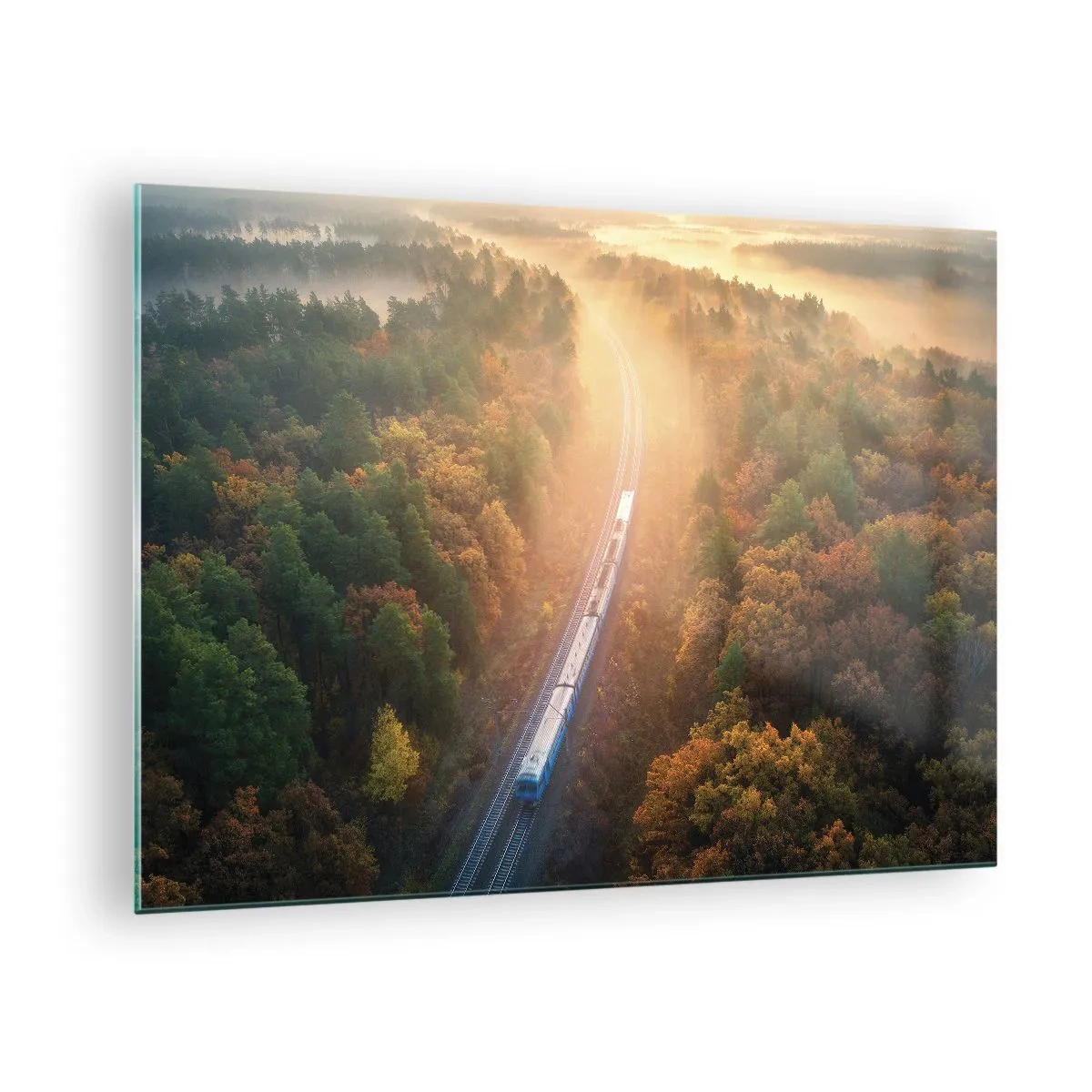 Schilderen op glas - Een trein in een schilderachtig herfstlandschap, vol warmte en nostalgie - 70x50cm - Herfst reis - Moderne wanddecoratie voor woonkamer en slaapkamer ARTTOR