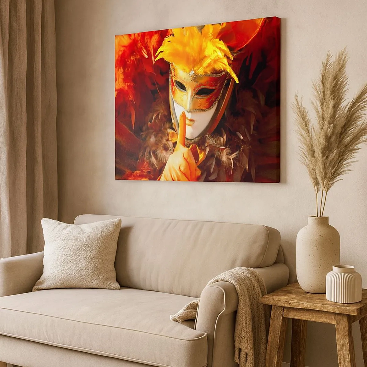 Schilderen op canvas - Carnavalsmasker in tinten goud en oranje - 70x50cm - Mysterie maakt deel uit van het spel - Moderne wanddecoratie voor woonkamer en slaapkamer ARTTOR