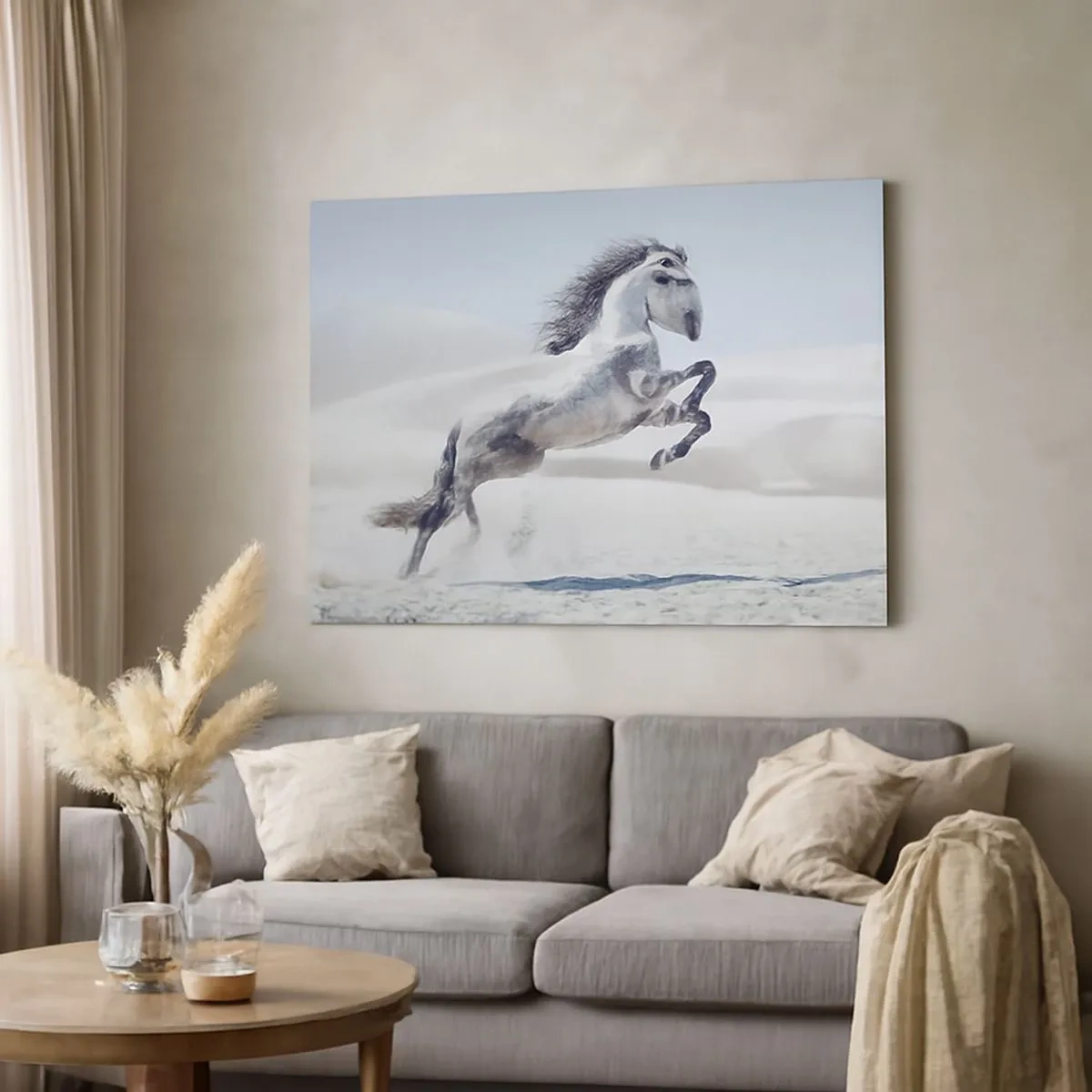 Schilderen op canvas - Een wit paard galoppeert tegen de achtergrond van woestijnduinen - 70x50cm - Arabische prins - Moderne wanddecoratie voor woonkamer en slaapkamer ARTTOR