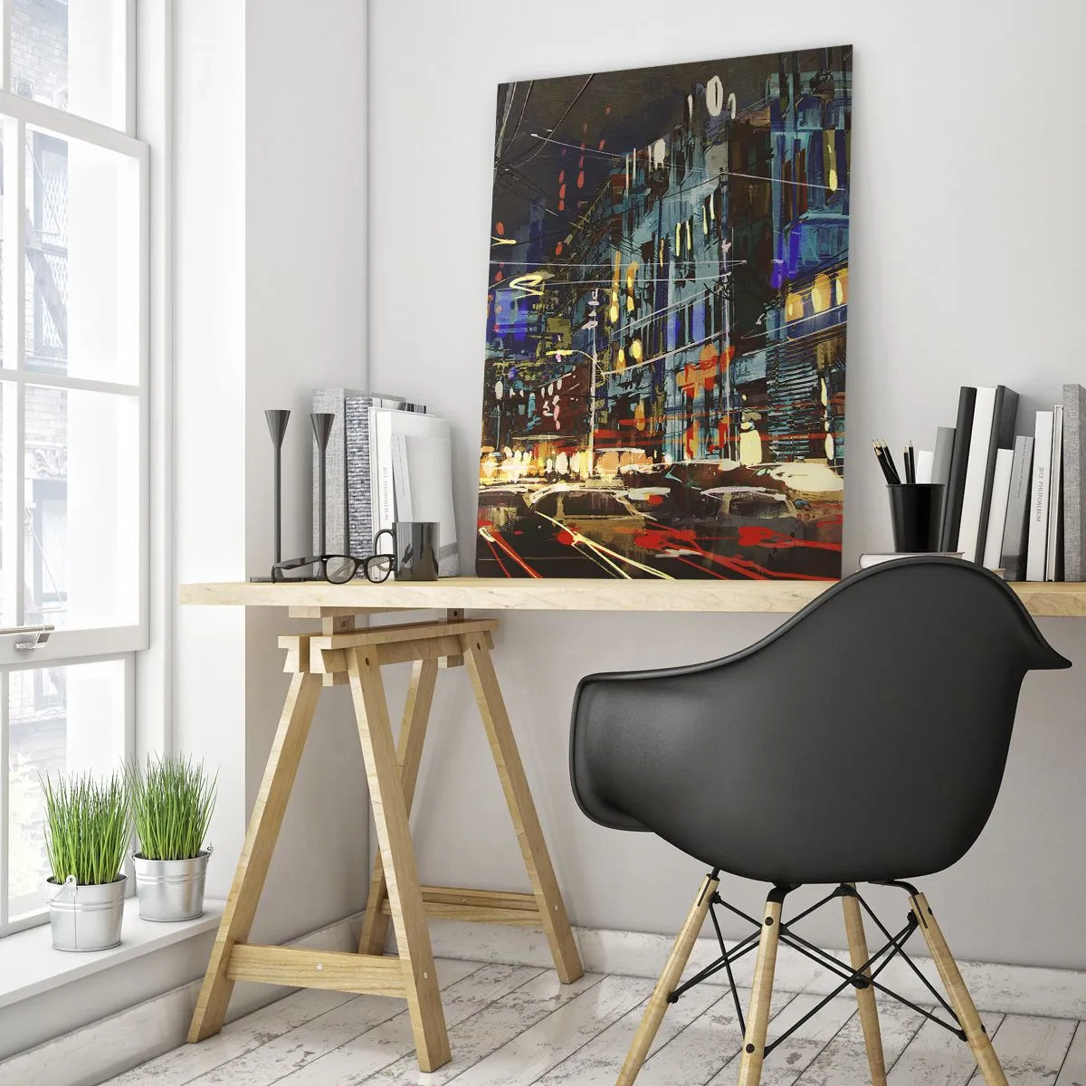 Schilderen op glas - Avonddrukte op straat - 50x70 cm