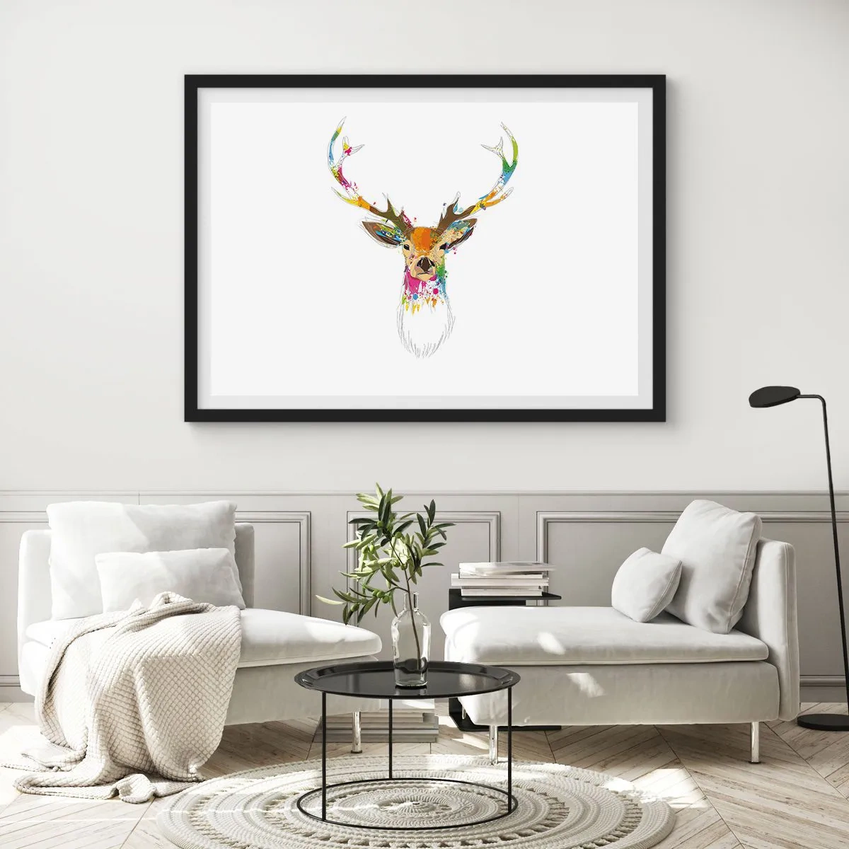 Poster in een zwarte lijst - Een zacht hert badend in kleur - 100x70 cm
