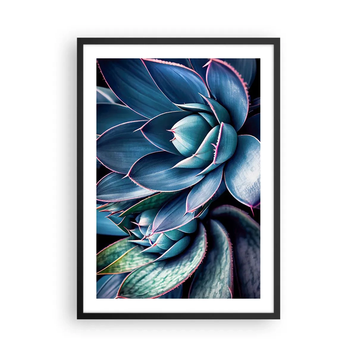 Poster in een zwarte lijst - Agave in tinten blauw en groen - 50x70cm - Levenskracht - Moderne wanddecoratie voor woonkamer en slaapkamer ARTTOR