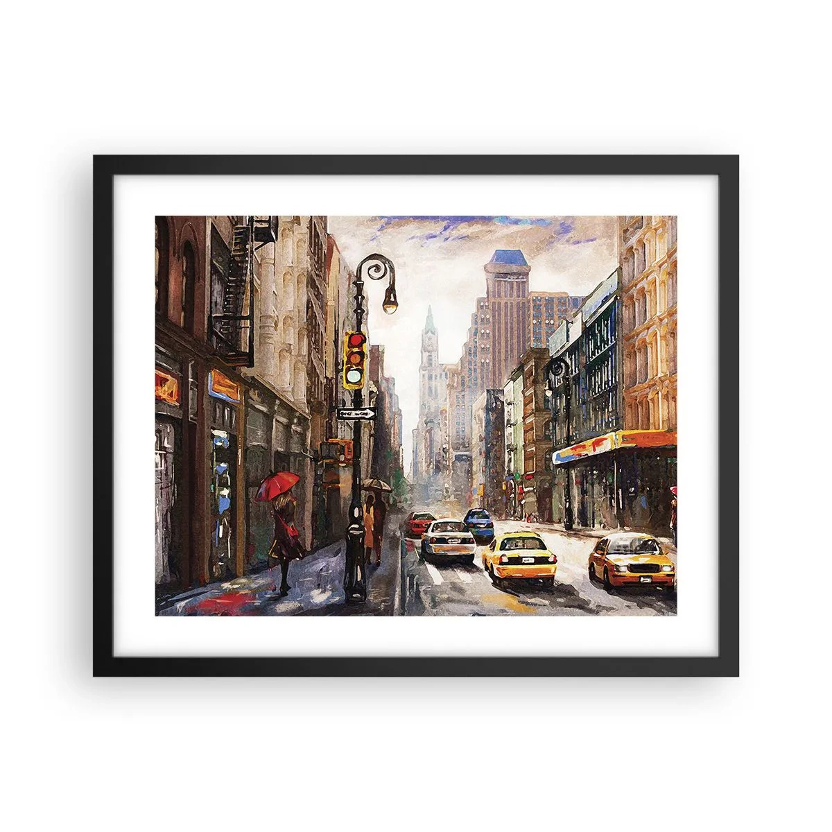 Poster in een zwarte lijst - New York - ook kleurrijk in de regen - 50x40 cm