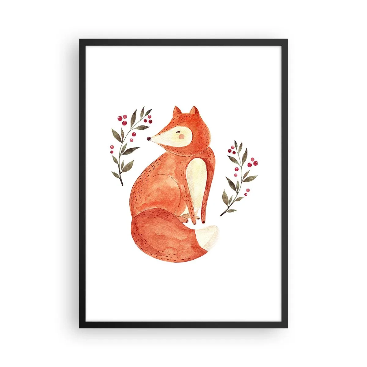 Poster in een zwarte lijst - Illustratie van een vos omringd door takken met rood fruit - 50x70cm - Kleine roodharige - Moderne wanddecoratie voor woonkamer en slaapkamer ARTTOR