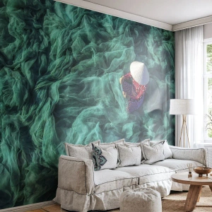 Fotobehang Premium Sand - In een zee van netten - Visnet, Vrouw, Vietnam - 100x70 cm