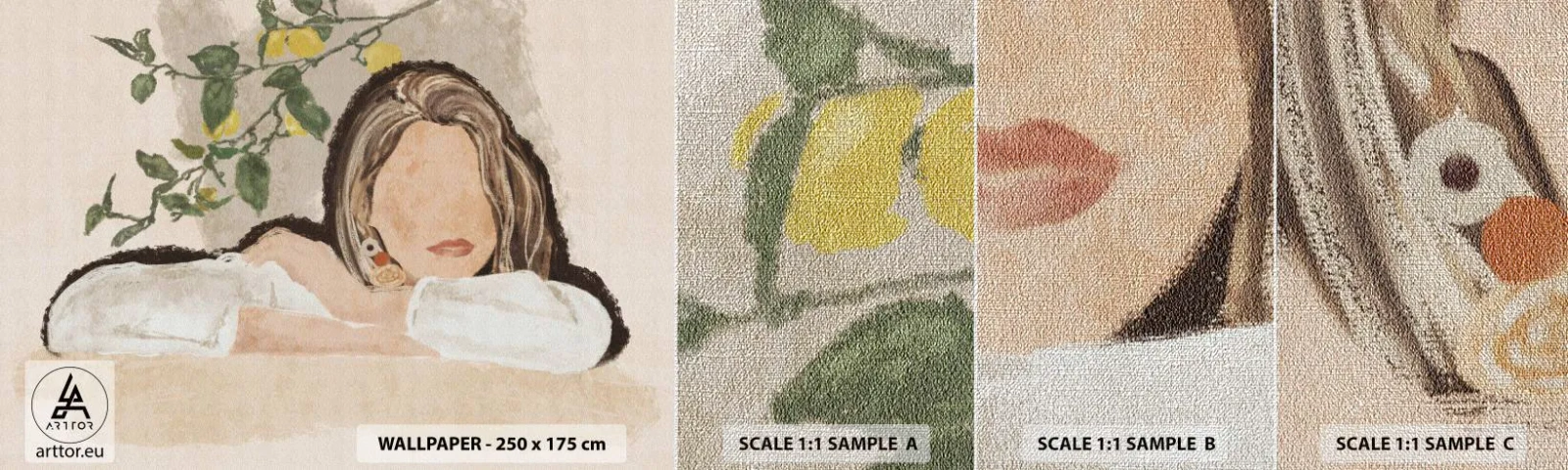 Fotobehang Monster Premium Canvas - Zuidelijke schoonheid - Vrouw, Citroenen, Minimalisme - 100x30 cm