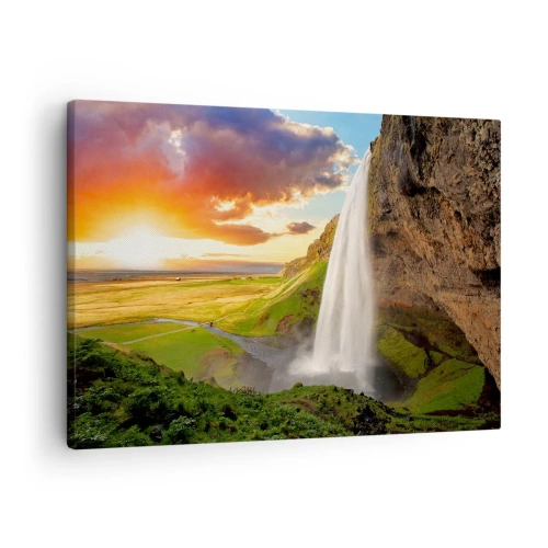 Schilderen op canvas - Een waterval in een schilderachtig landschap bij zonsondergang - 70x50cm - De volheid van de IJslandse zomer - Moderne wanddecoratie voor woonkamer en slaapkamer ARTTOR