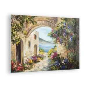 Schilderen op glas - Een pittoresk straatje met uitzicht op het meer - 70x50cm - De charme van een kustprovincie - Moderne wanddecoratie voor woonkamer en slaapkamer ARTTOR