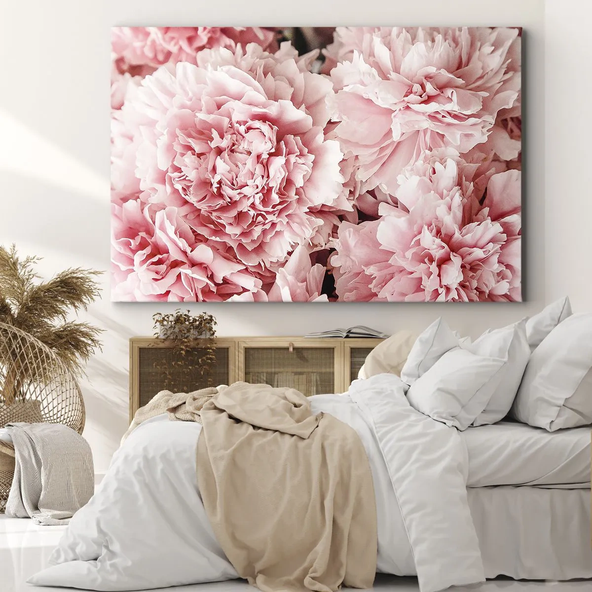 Schilderen op canvas - Subtiele roze pioenrozen in een delicate setting - 70x50cm - Roze droom - Moderne wanddecoratie voor woonkamer en slaapkamer ARTTOR
