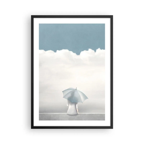 Poster in een zwarte lijst - Een figuur met een paraplu zittend op een richel tussen de wolken - 50x70cm - Op de rand van realiteit en dromen - Moderne wanddecoratie voor woonkamer en slaapkamer ARTTOR