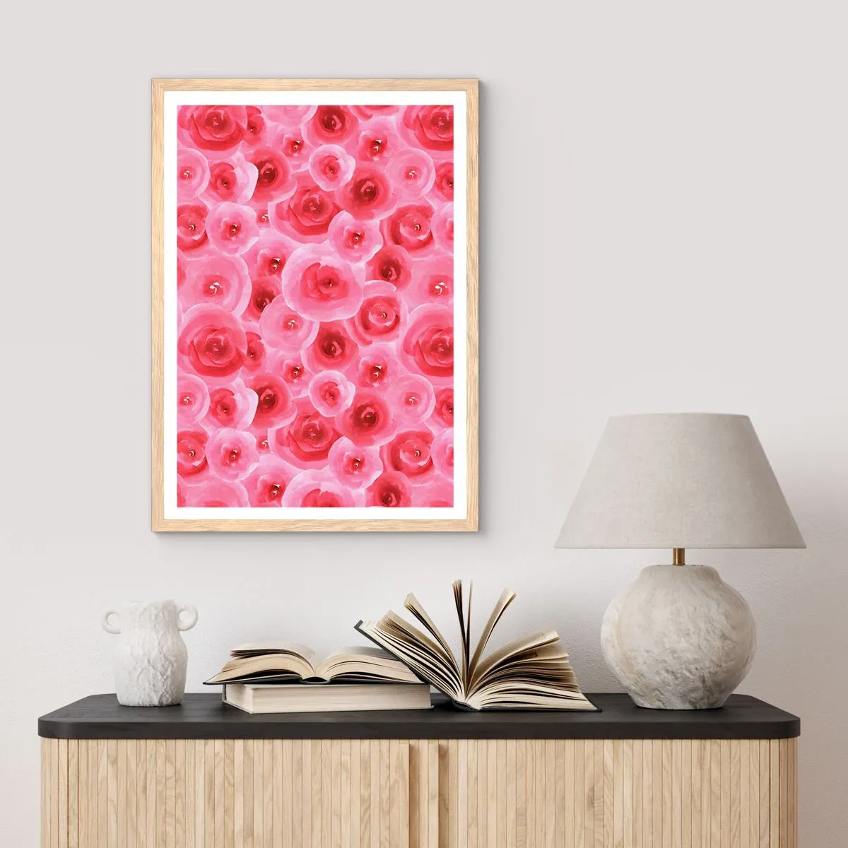 Een poster in een licht eiken lijst - Rozen onder en boven - 50x70 cm