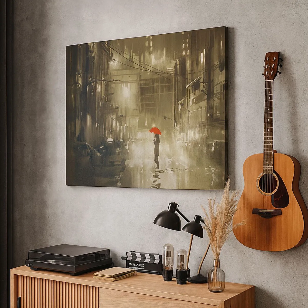 Schilderen op canvas - Een figuur met een rode paraplu in een regenachtige stad - 70x50cm - Alleen maar niet eenzaam - Moderne wanddecoratie voor woonkamer en slaapkamer ARTTOR